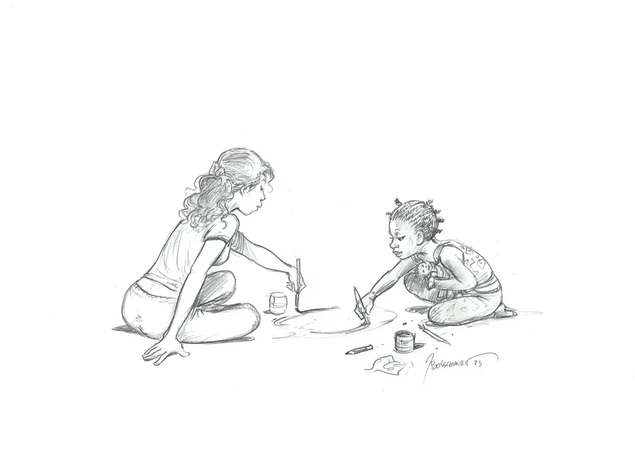 Potloodtekening van Jan Bosschaert: Rebecca tekent op de grond samen met een kind