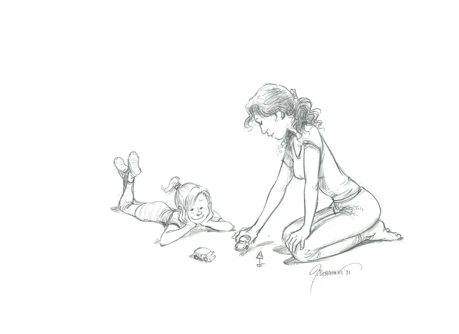 Potloodtekening van Jan Bosschaert: Rebecca speelt met autootjes met een kind dat op de buik ligt