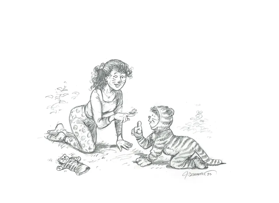 Potloodtekening van Jan Bosschaert: Rebecca speelt met een kind in een tijgerpakje